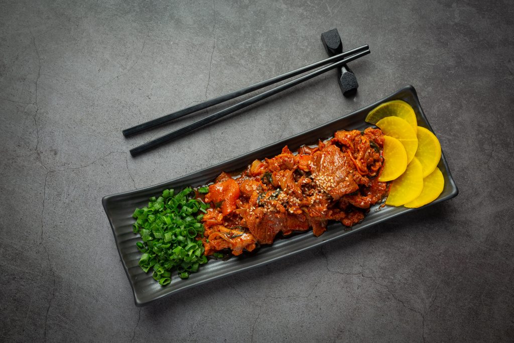 korean food;jeyuk bokkeum or fried pork in korean style sauce
