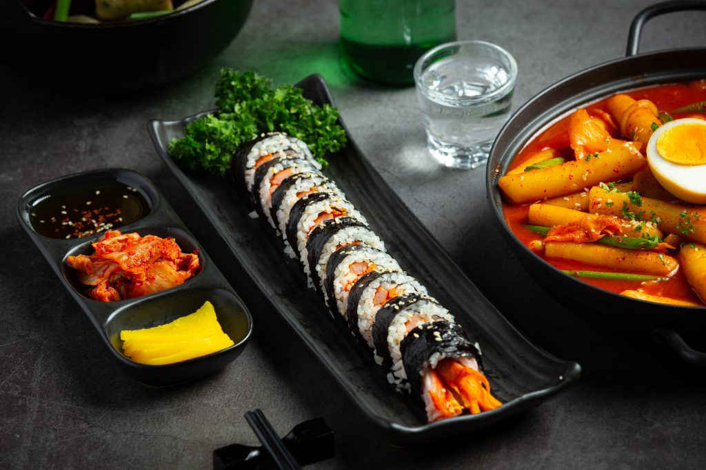 korean food, kim bap steamed rice with vegetables in seaweed.