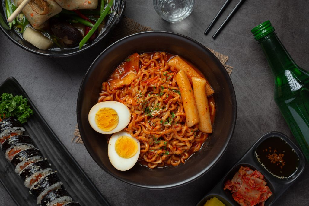 korean instant noodle and tteokbokki in korean spicy sauce, anci